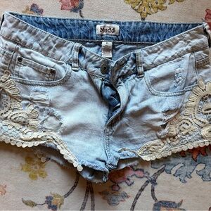 Vintage Y2K Mudd Light Blue Jean Shorts with Cream Lace